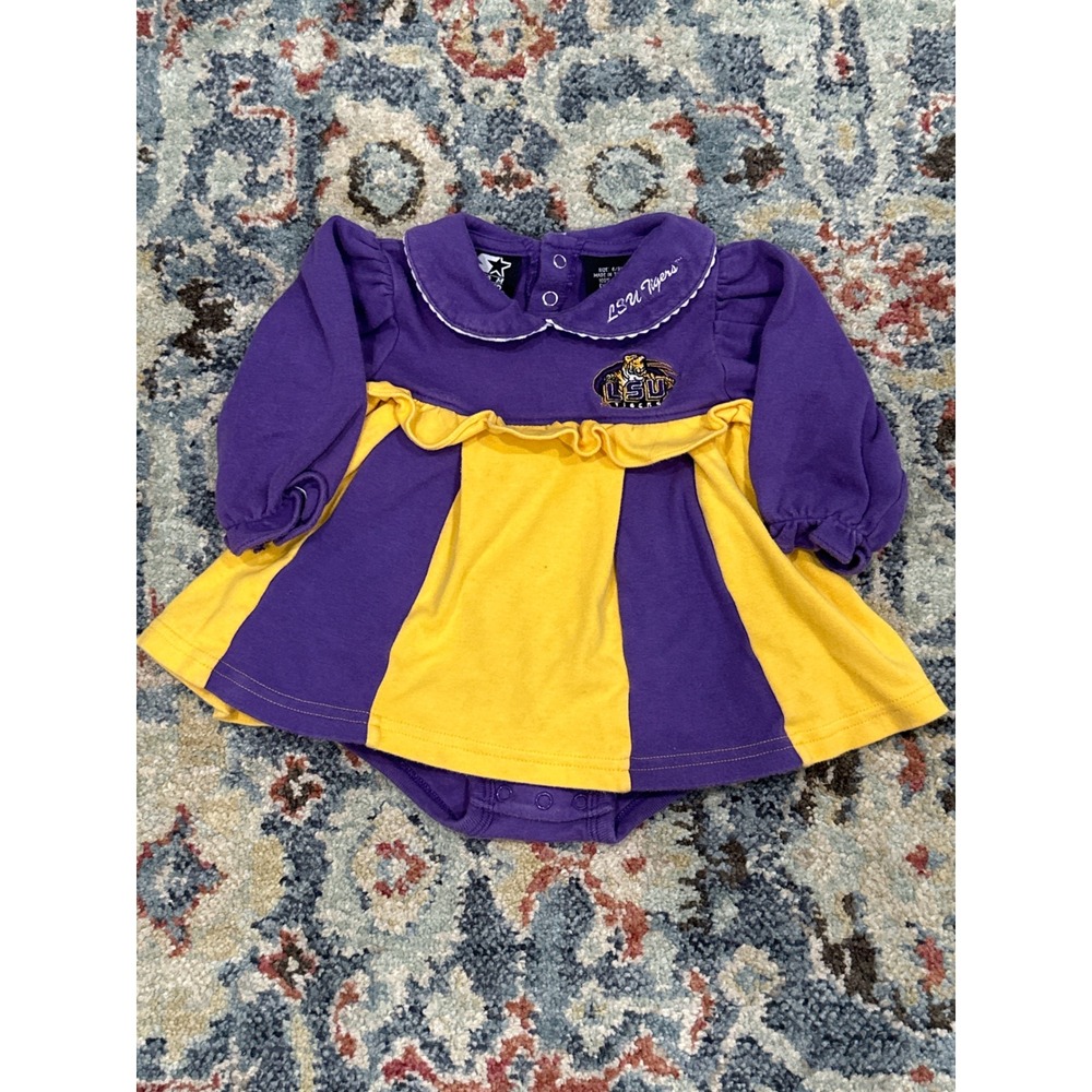 Starter LSU Tigers Dress Bodysuit Girls 6-9M Purple Gold Cheer Ruffle EUC